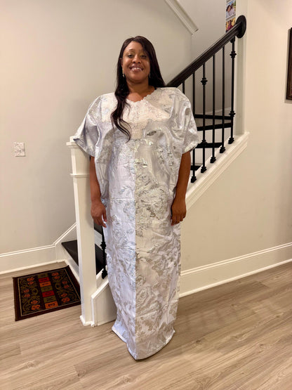 Embroidered White Damask Brocade Maxi Dress: African  Boubou Gown