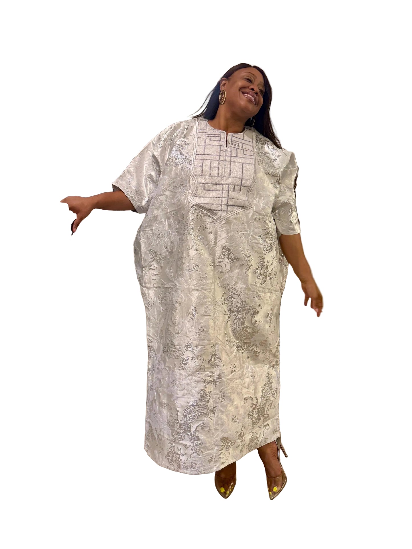 Embroidered White Damask Brocade Maxi Dress: African  Boubou Gown
