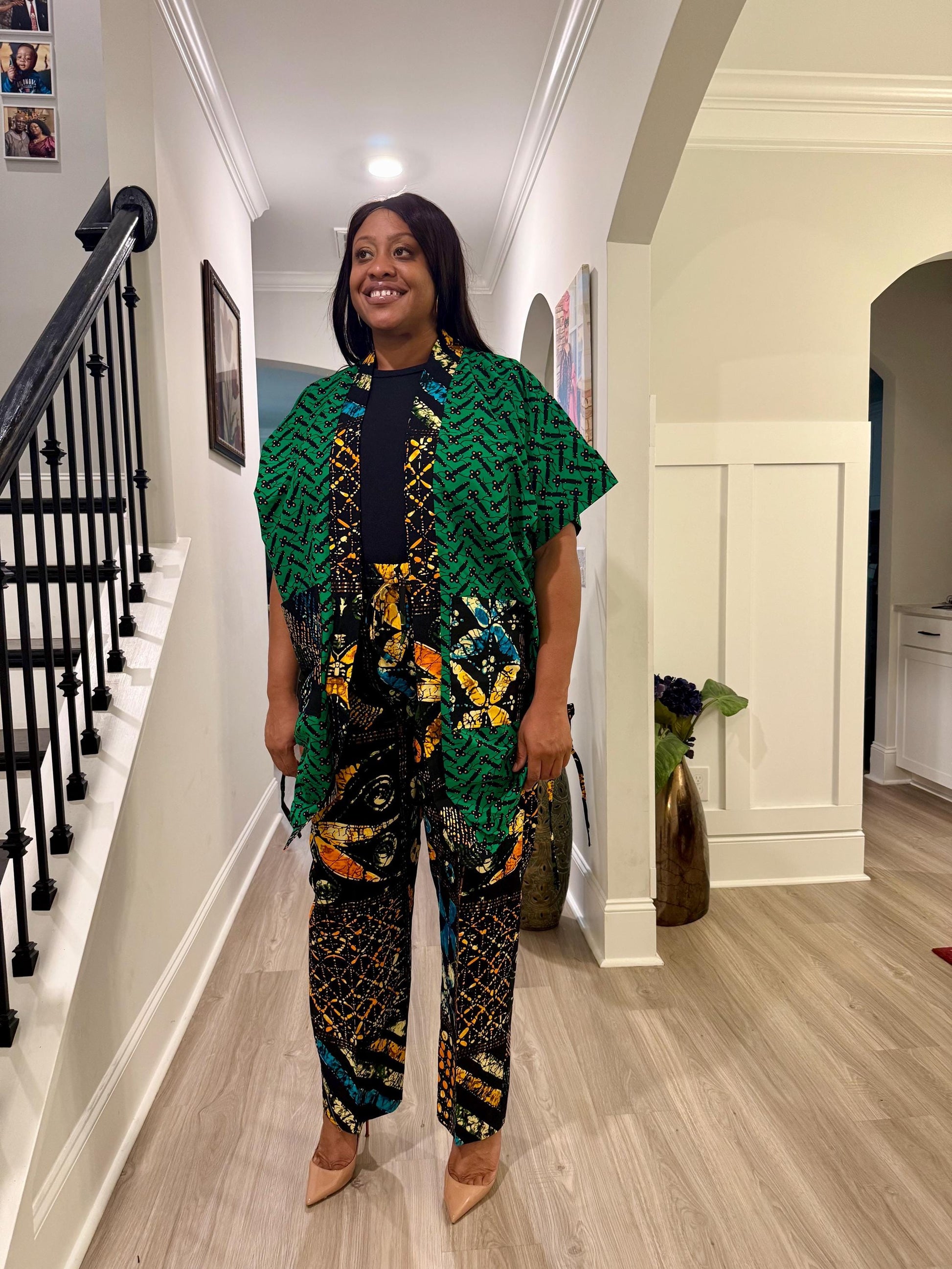 Modern African Ankara print Afro Calantha Tie side kimono 2p Pant Set Afro American Outfits