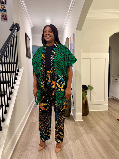 Modern African Ankara print Afro Calantha Tie side kimono 2p Pant Set Afro American Outfits