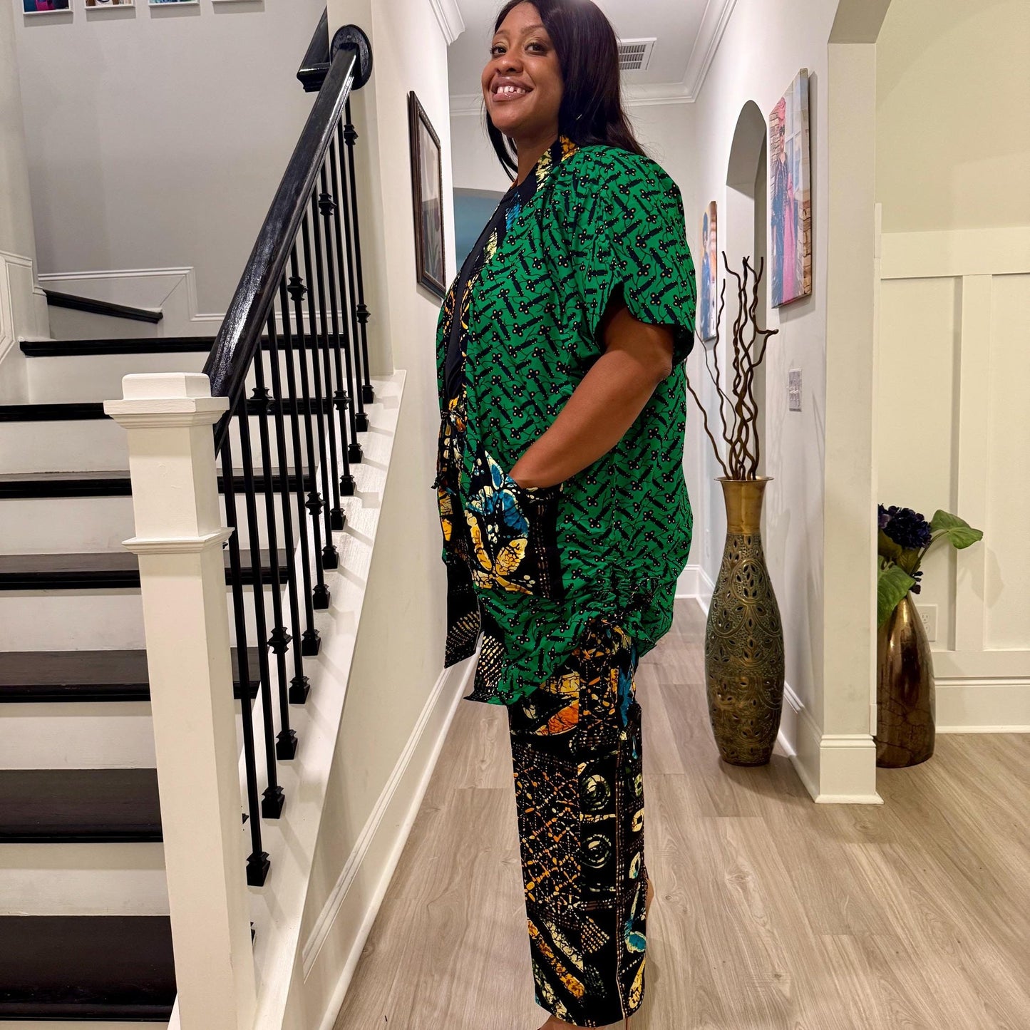 Modern African Ankara print Afro Calantha Tie side kimono 2p Pant Set Afro American Outfits