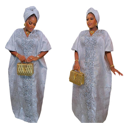 Luxury White African Damask Brocade Bubu/Boubou Maxi Dress