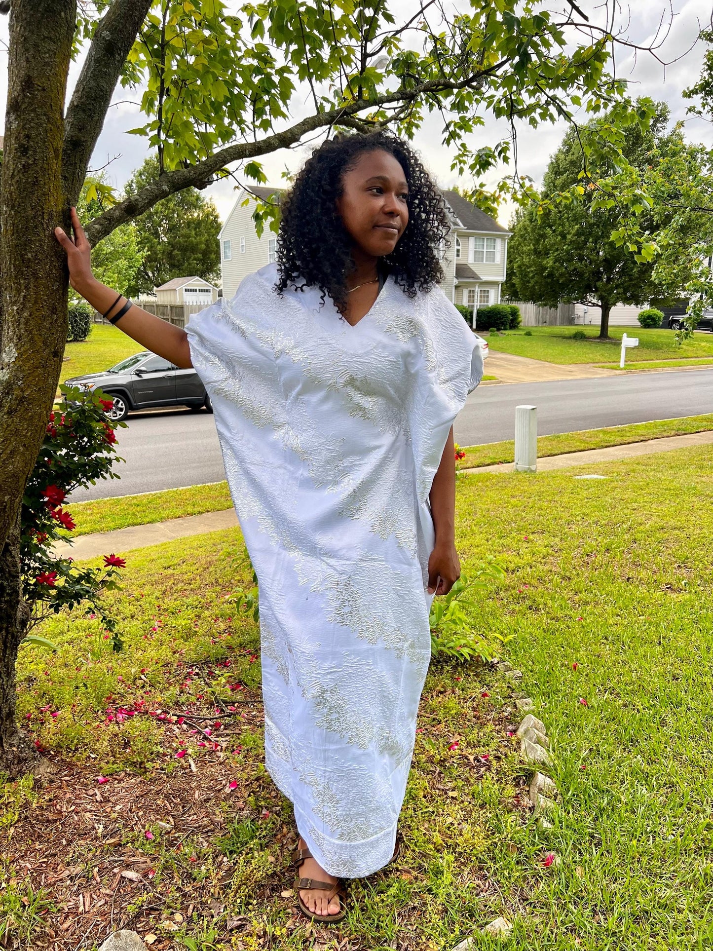 Luxury White African Damask Brocade Bubu/Boubou Maxi Dress