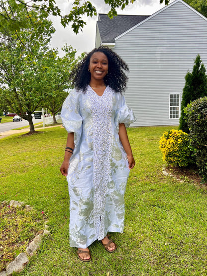 Luxury White African Damask Brocade Bubu/Boubou Maxi Dress