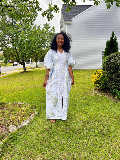 Luxury White African Damask Brocade Bubu/Boubou Maxi Dress