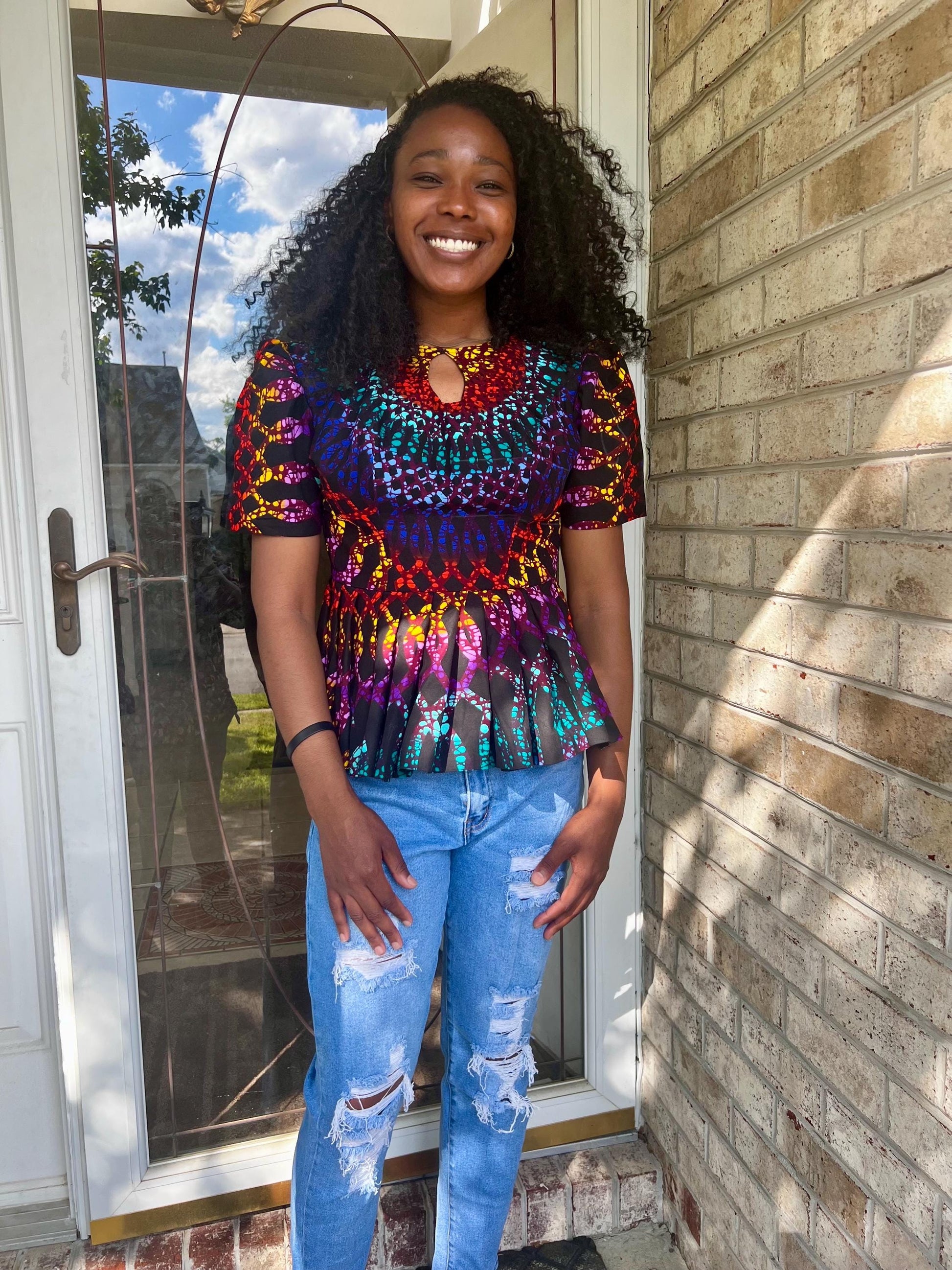African  Ankara Wax Print Multi Colored Ethnic Fitted Tops/Blouse Afro American Outfits