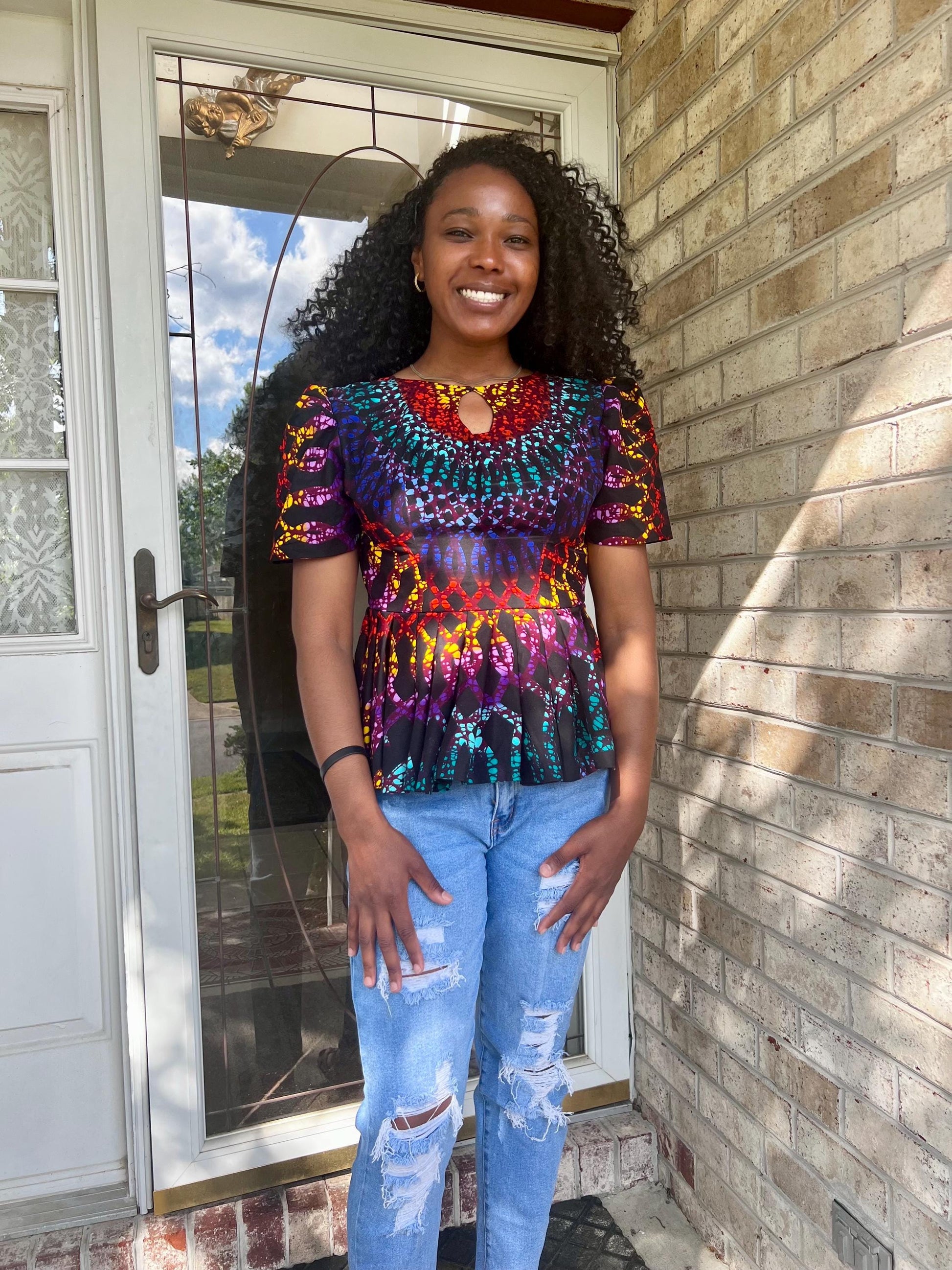 African  Ankara Wax Print Multi Colored Ethnic Fitted Tops/Blouse Afro American Outfits