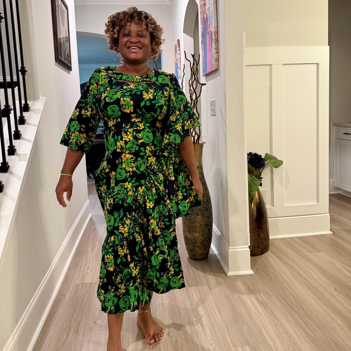 African  Ankara Wax Green Floral Fashion Dress Afro American Outfits