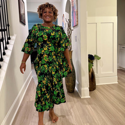 African  Ankara Wax Green Floral Fashion Dress Afro American Outfits