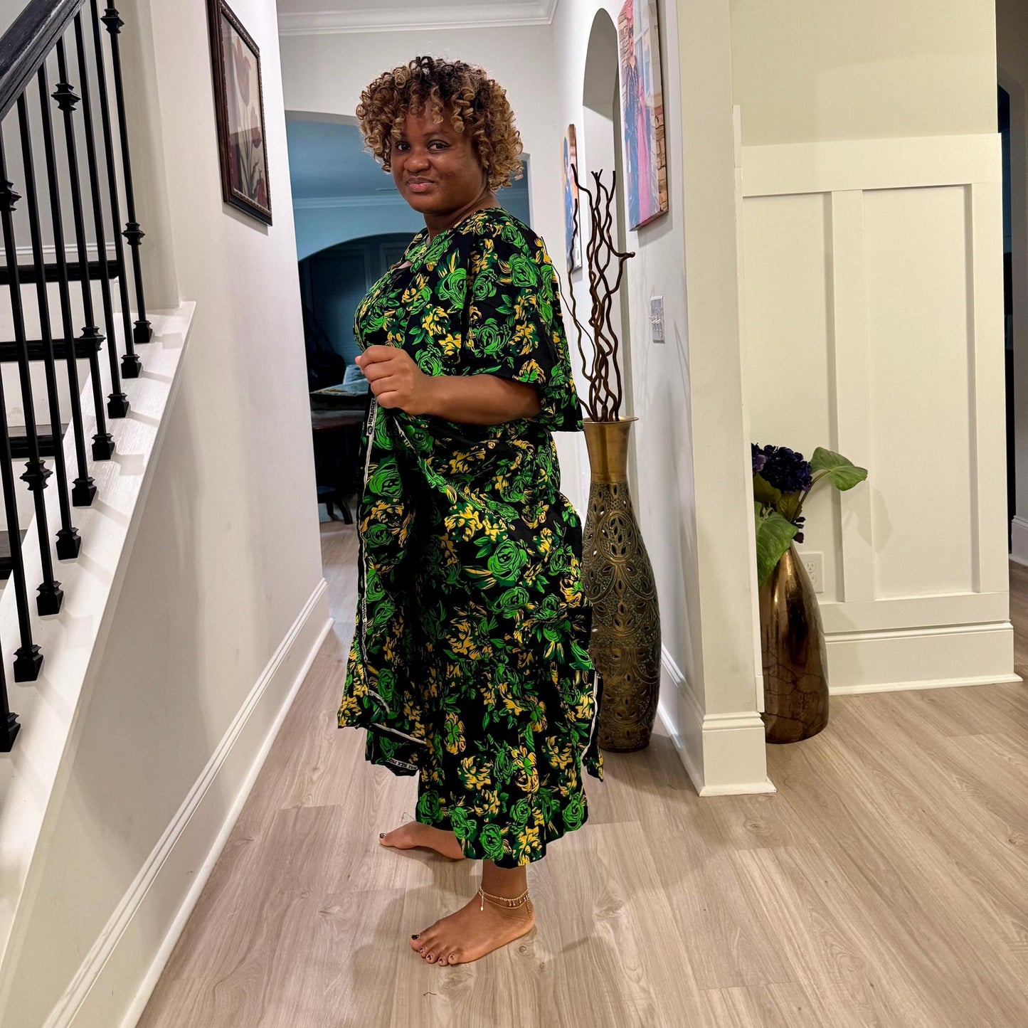 African  Ankara Wax Green Floral Fashion Dress Afro American Outfits