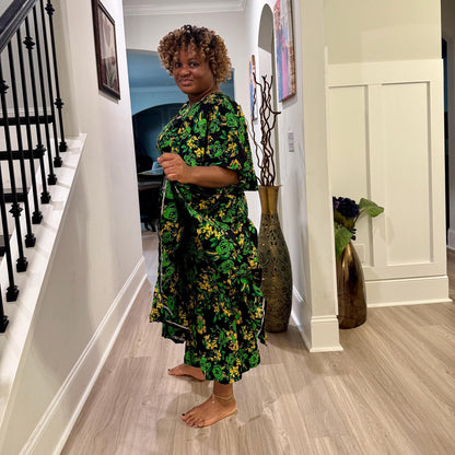 African  Ankara Wax Green Floral Fashion Dress Afro American Outfits