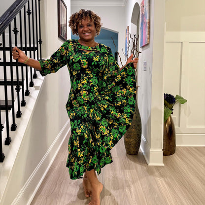 African  Ankara Wax Green Floral Fashion Dress Afro American Outfits