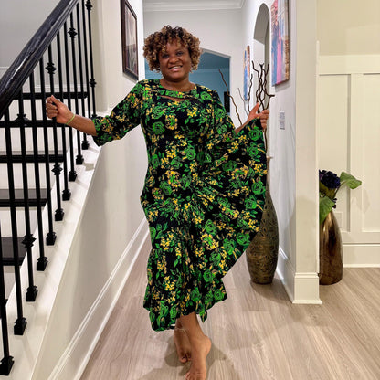 African  Ankara Wax Green Floral Fashion Dress Afro American Outfits