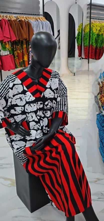 African Ankara Wax Print Mixed Pattern V Neck Double Pocket Kaftan Style Medium Dress