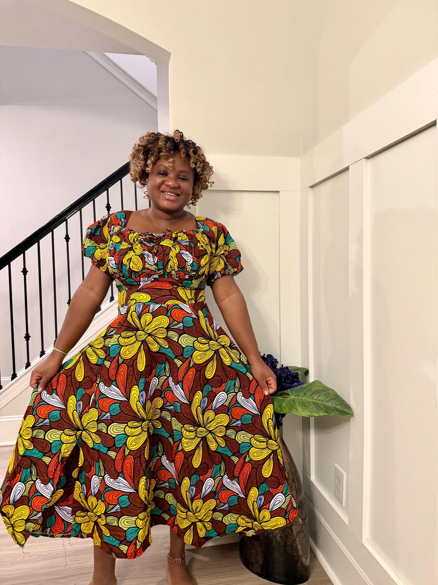 African  Ankara Wax Print  Yellow Floral adjustable shoulder Fashion Dress