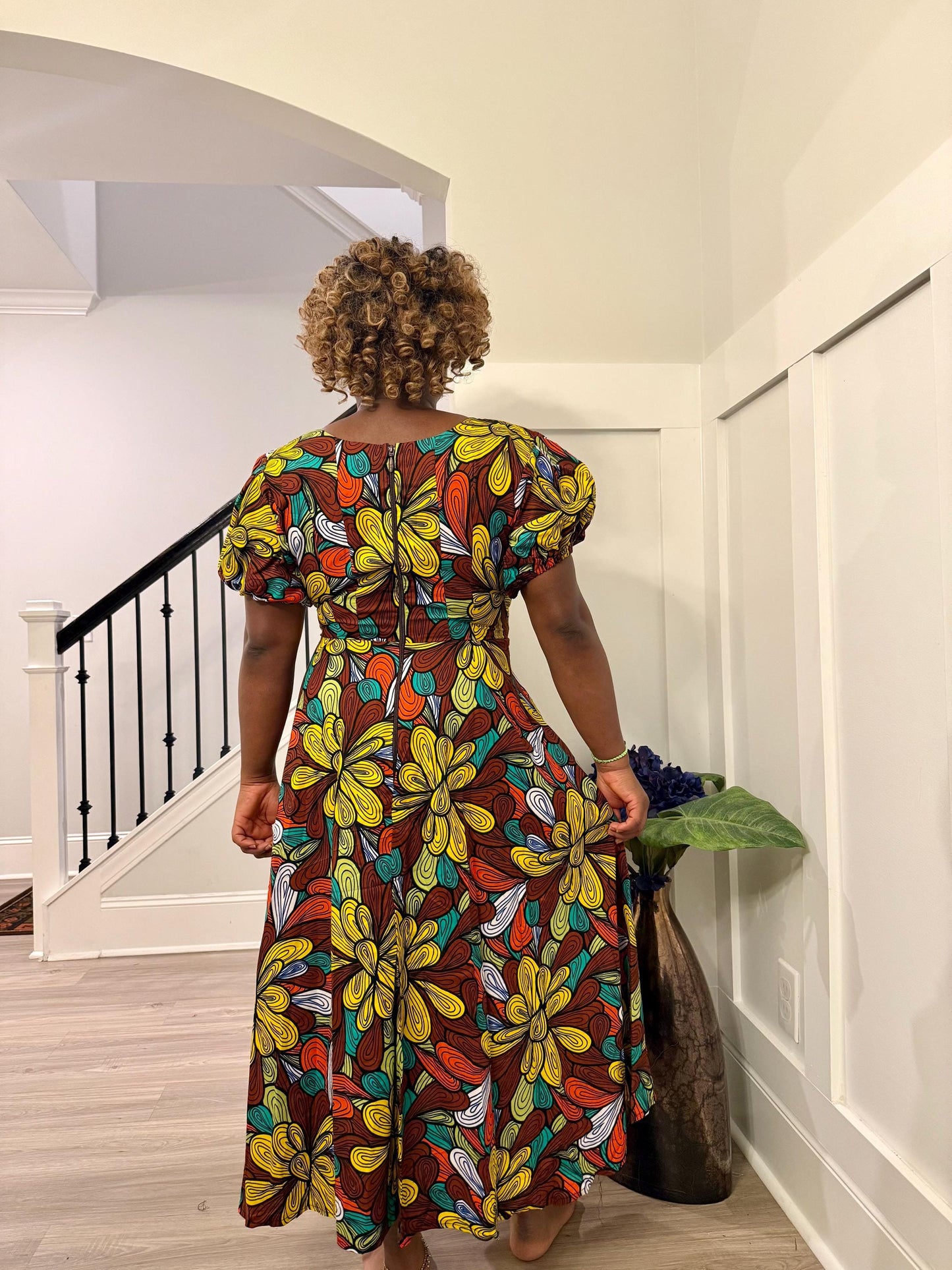 African  Ankara Wax Print  Yellow Floral adjustable shoulder Fashion Dress