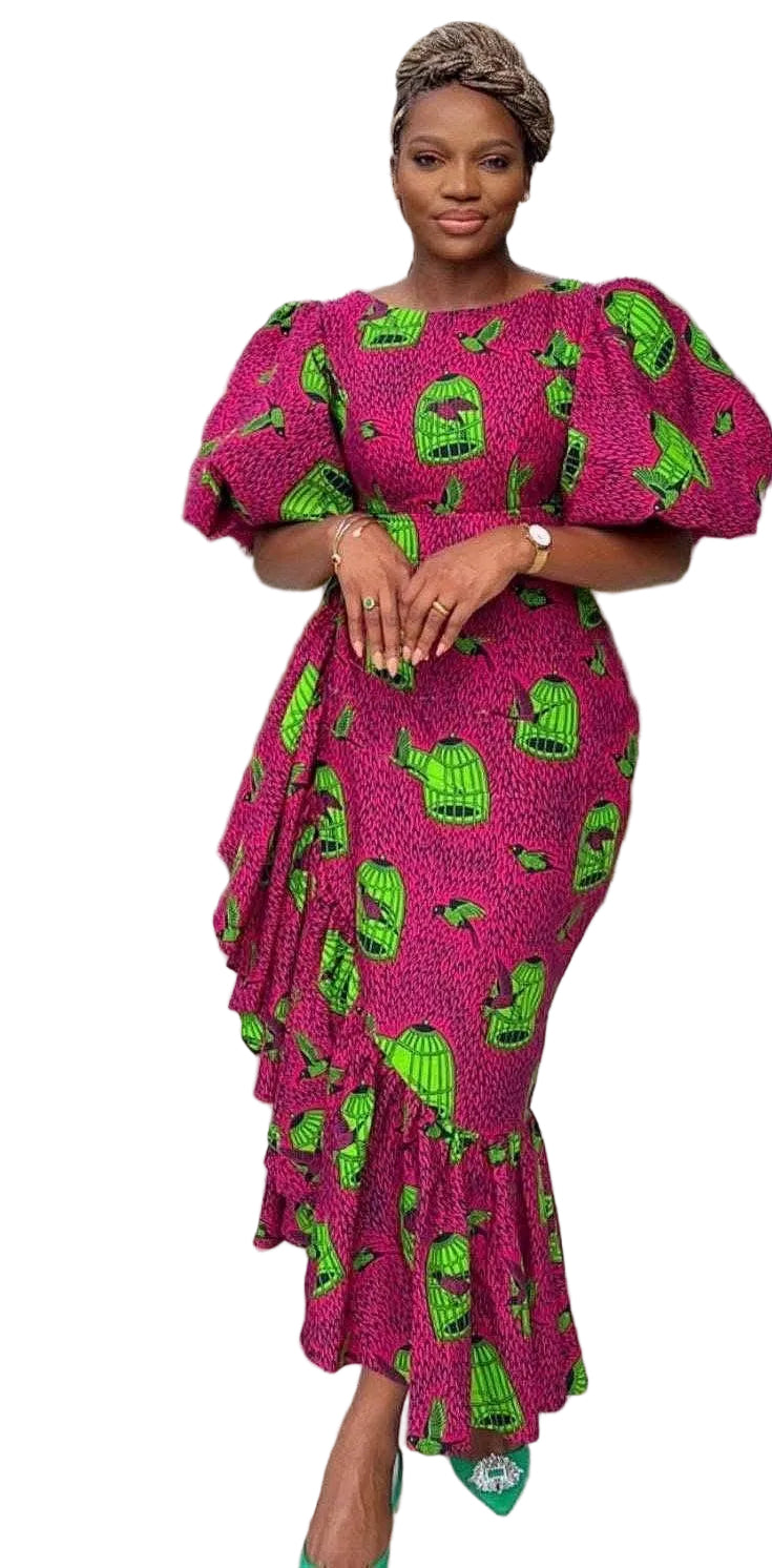 African  Ankara Wax Green Floral Fashion Dress Afro American Outfits