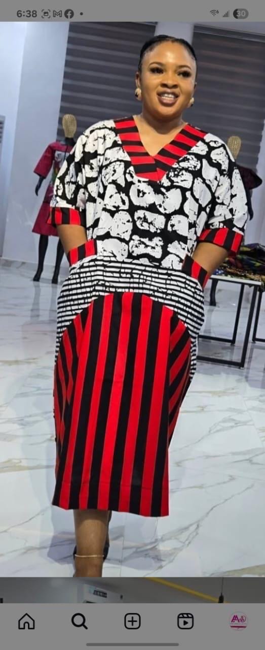 African Ankara Wax Print Mixed Pattern V Neck Double Pocket Kaftan Style Medium Dress