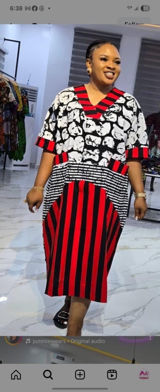 African Ankara Wax Print Mixed Pattern V Neck Double Pocket Kaftan Style Medium Dress