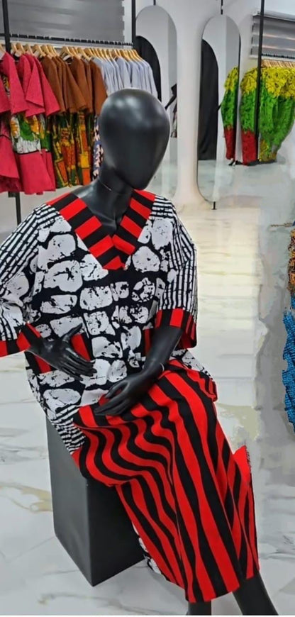 African Ankara Wax Print Mixed Pattern V Neck Double Pocket Kaftan Style Medium Dress