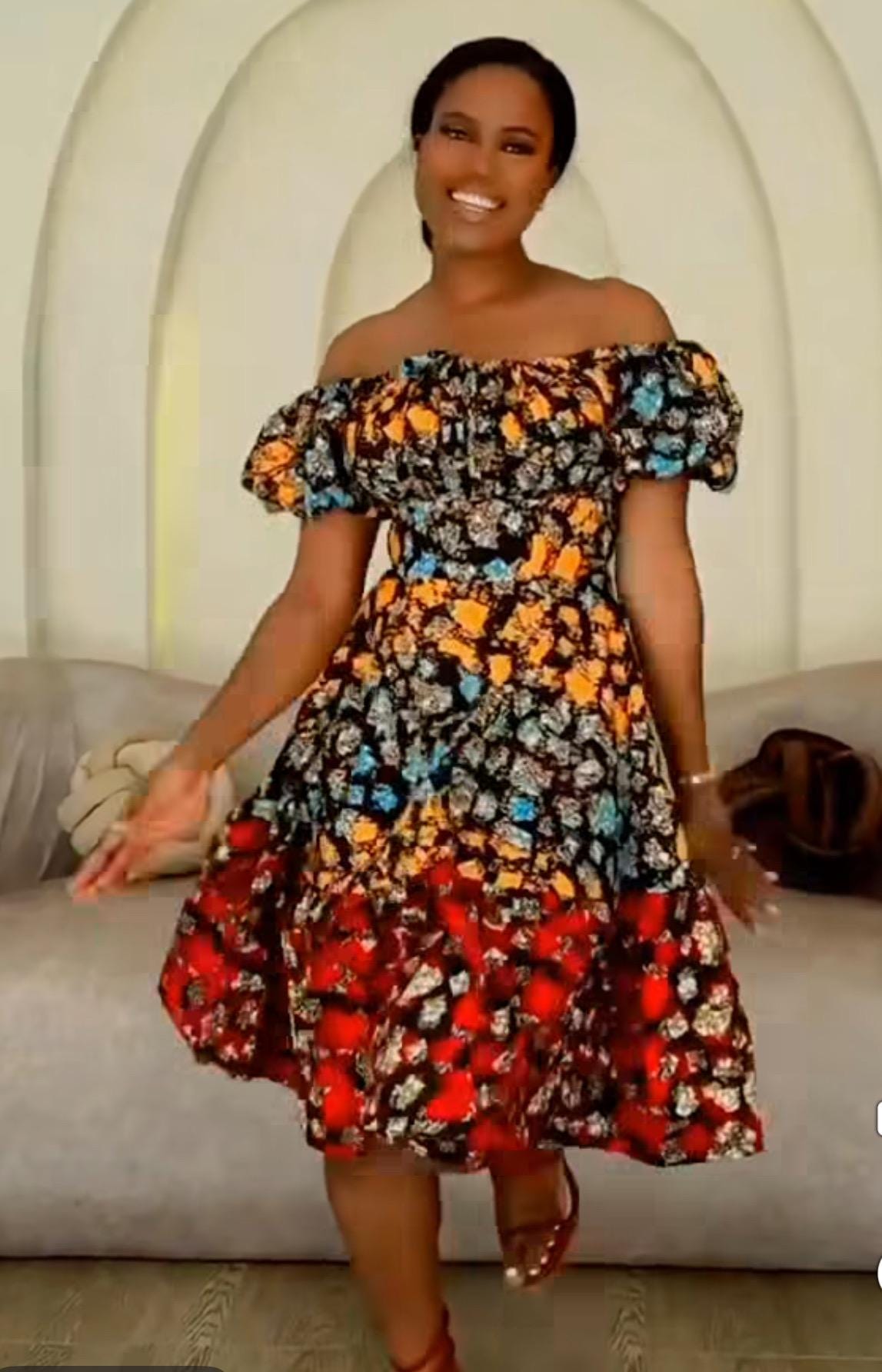 African  Ankara Wax Print  Yellow Floral adjustable shoulder Fashion Dress