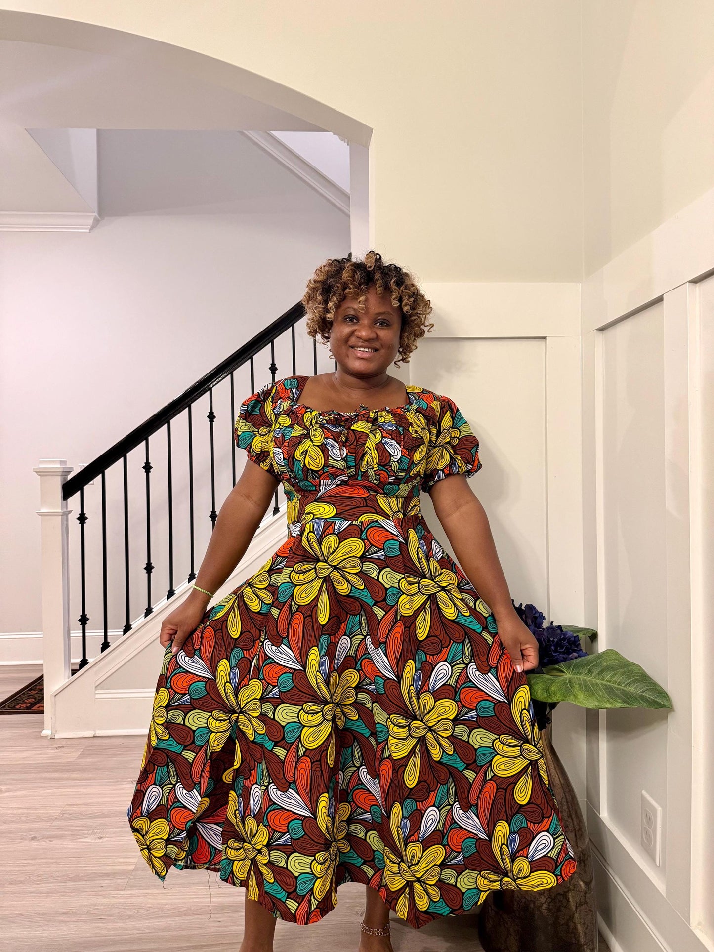 African  Ankara Wax Print  Yellow Floral adjustable shoulder Fashion Dress