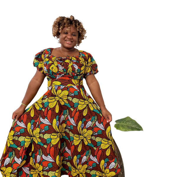 African  Ankara Wax Print  Yellow Floral adjustable shoulder Fashion Dress
