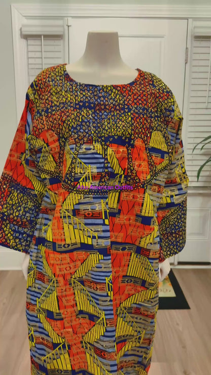 African Gold Plated Ankara Wax Print Embroidered Kaftan Dress with Glittery Stones