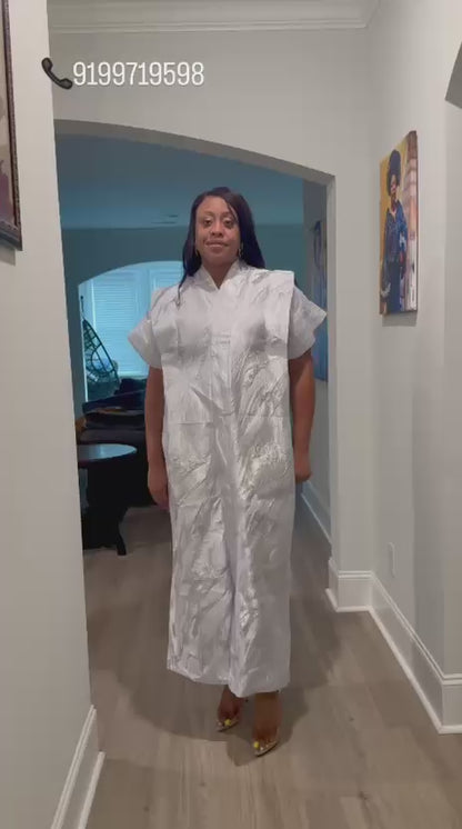 High Quality Luxury White African Damask Brocade Bubu/Boubou Maxi Dress Buga Style