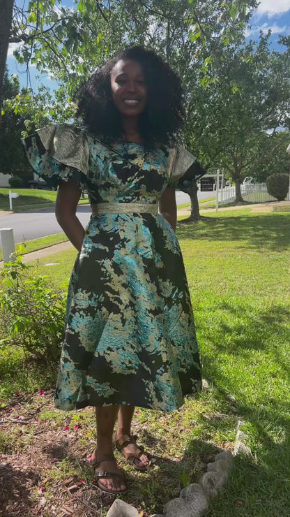 African Unique Luxury Damask Brocade Flare Dress