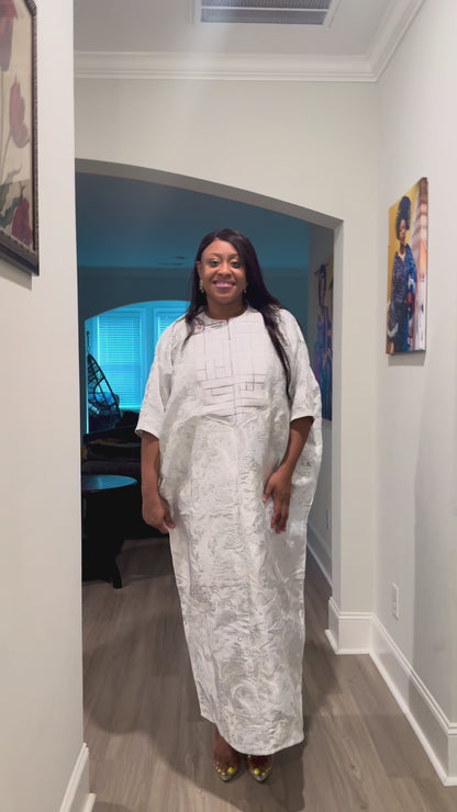 Embroidered White Brocade Maxi Dress: African Bubu Boubou Gown