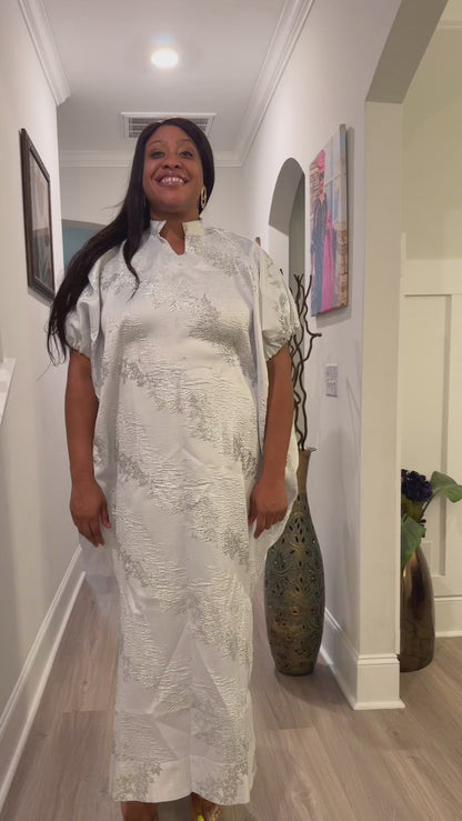 White Brocade African Maxi Dress: Modern Bubu/Boubou Gown