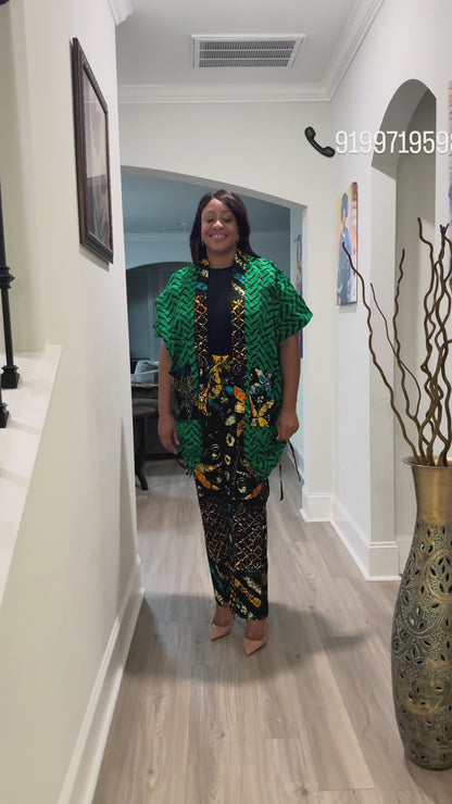 Modern African Ankara Wax Print Afro Calantha Tie side kimono 2p Women Pant Set