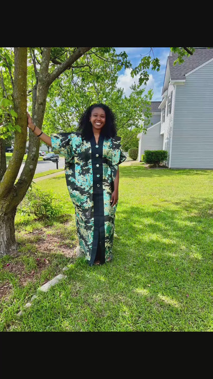 African Luxury Damask Brocade Abstract Pattern Bubu Maxi Dress