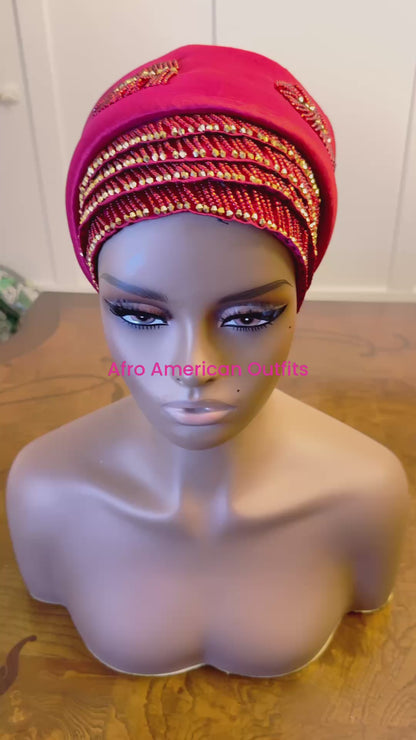 African 2/3 in 1p Hand Beaded luxury Turban