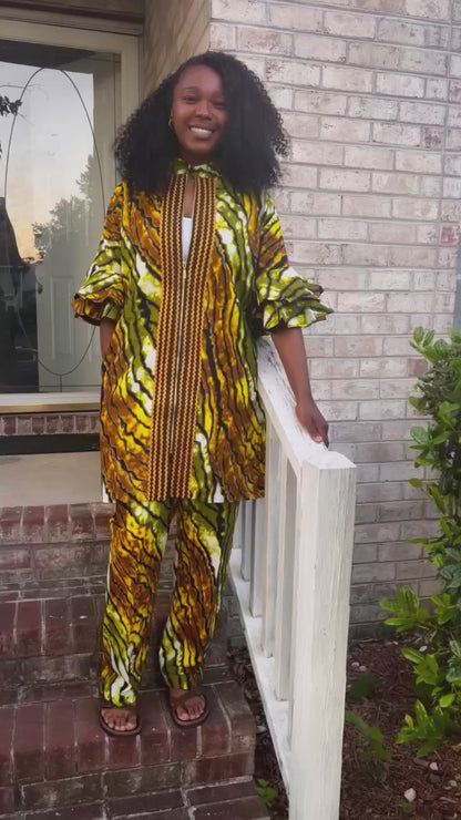 African Wax Print Ankara Kimono Style Front Zipper 2p Pant Set