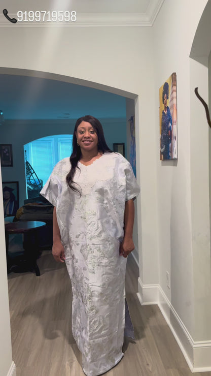 Embroidered White Brocade Maxi Dress: African Bubu Boubou Gown
