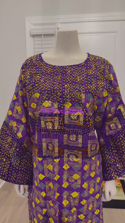 African Gold Plated Ankara Wax Print Embroidered Kaftan Dress with Glittery Stones