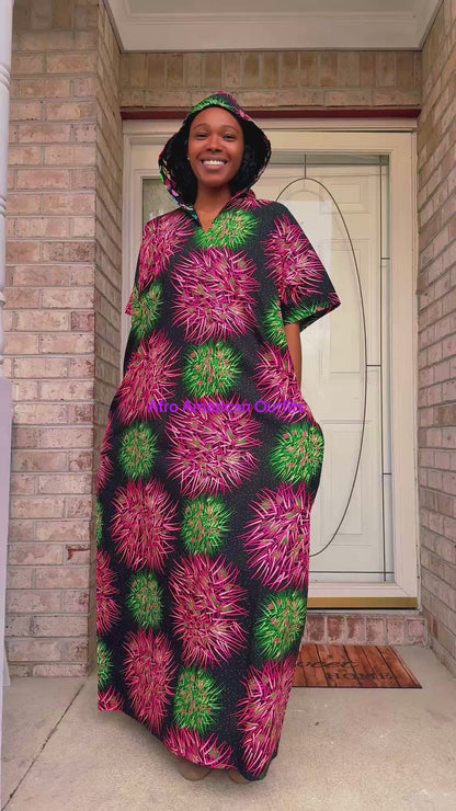 Modern African Ankara Wax Print Hooded Dress with Glittery stones