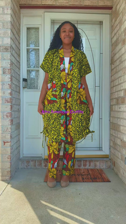 Modern African Ankara Wax Print Afro Calantha Tie side kimono 2p Women Pant Set