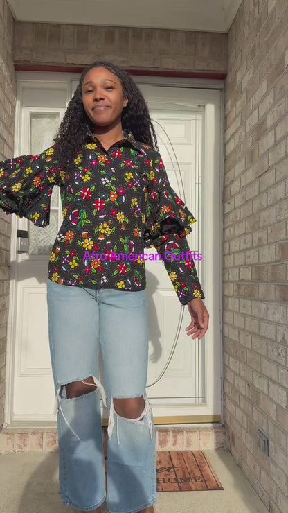 African Ankara Wax Print Floral Ruffles Hand Women Shirt Tops/Blouse
