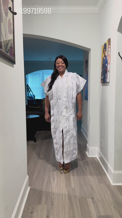 High Quality Luxury White African Damask Brocade Bubu/Boubou Maxi Dress Buga Style