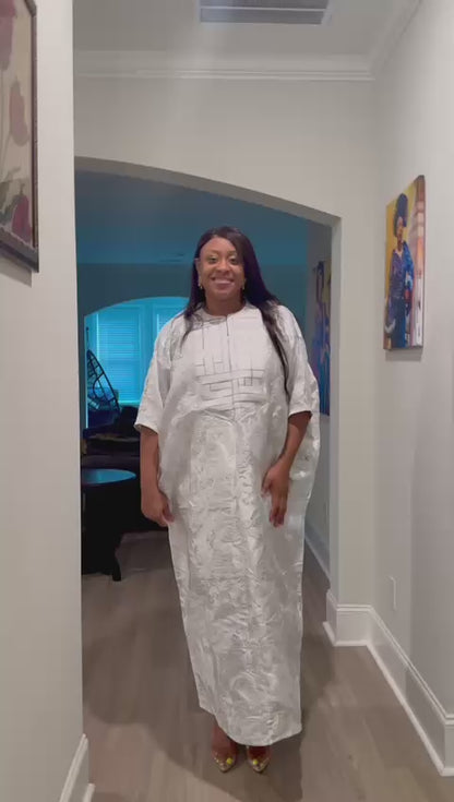 Embroidered White Brocade Maxi Dress: African Bubu Boubou Gown